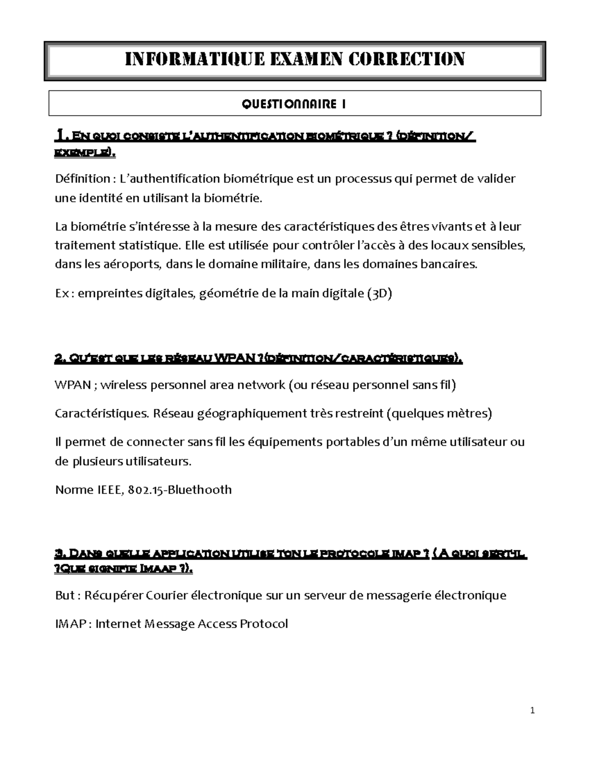 INFO-Questions-examen - Informatique Examen Correction QUESTIONNAIRE 1 ...