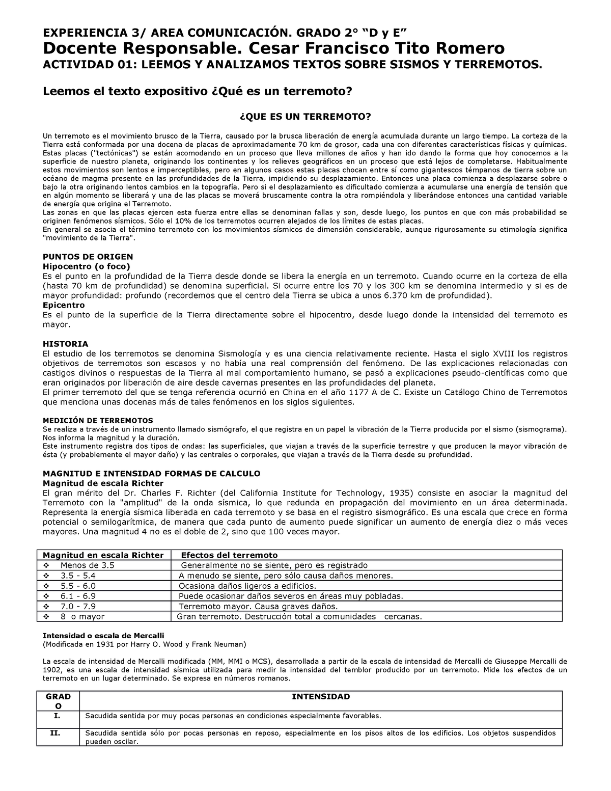 Leemos Y Analizamos Textos Sobre Sismos Y Terremotos - EXPERIENCIA 3/ AREA  COMUNICACIÓN. GRADO 2° “D - Studocu