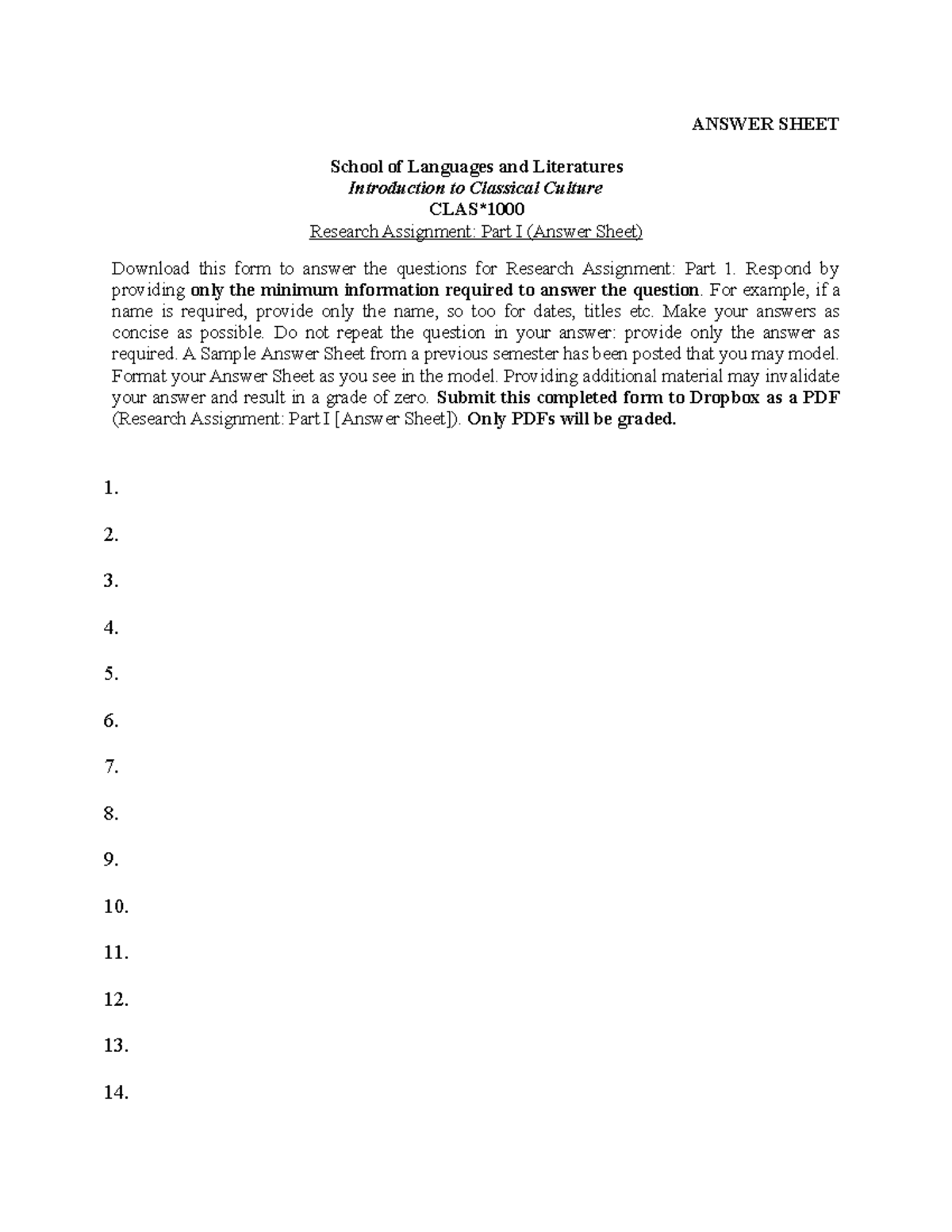Research Assignment Answer Sheet - ANSWER SHEET School of Languages and ...