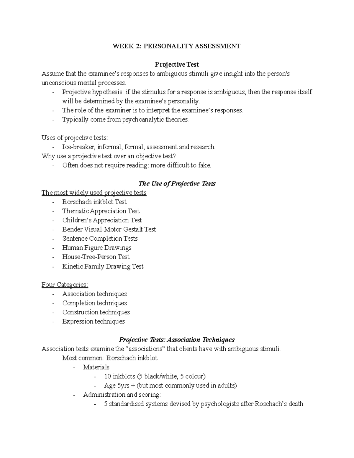 PSY303 WEEK 2 Personality Assessment Notes - WEEK 2: PERSONALITY ...