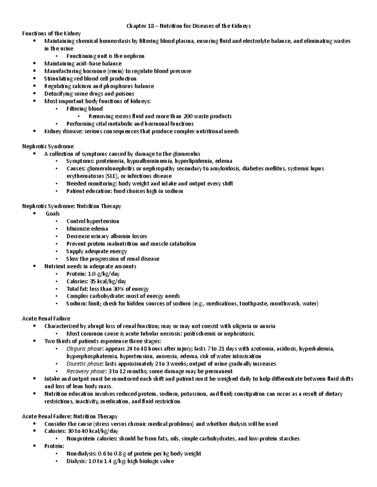 Chapter 18 summary - Chapter 18 – Nutrition for Diseases of the Kidneys ...