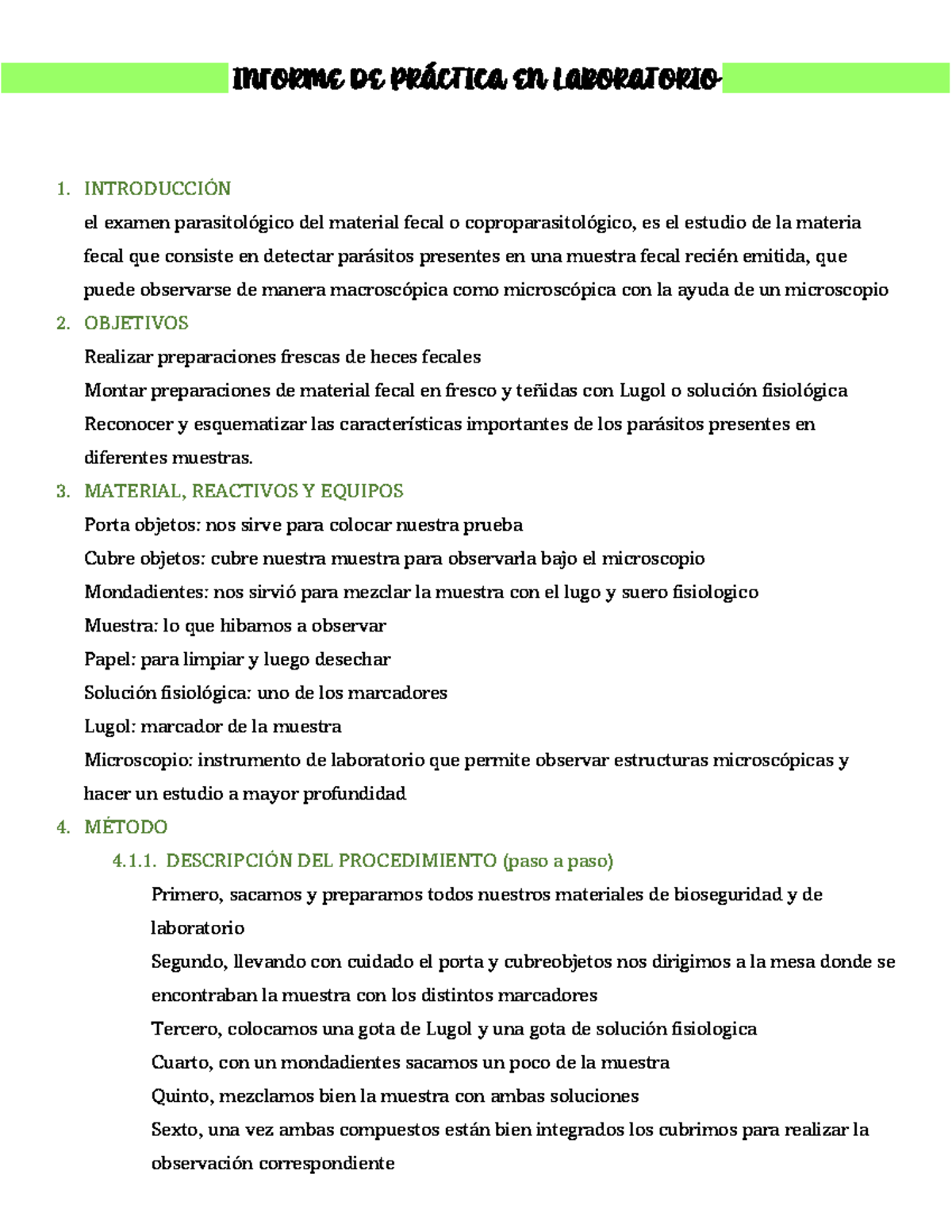 Informe De Práctica De Laboratorio Coproparasitológico 2023 Informe