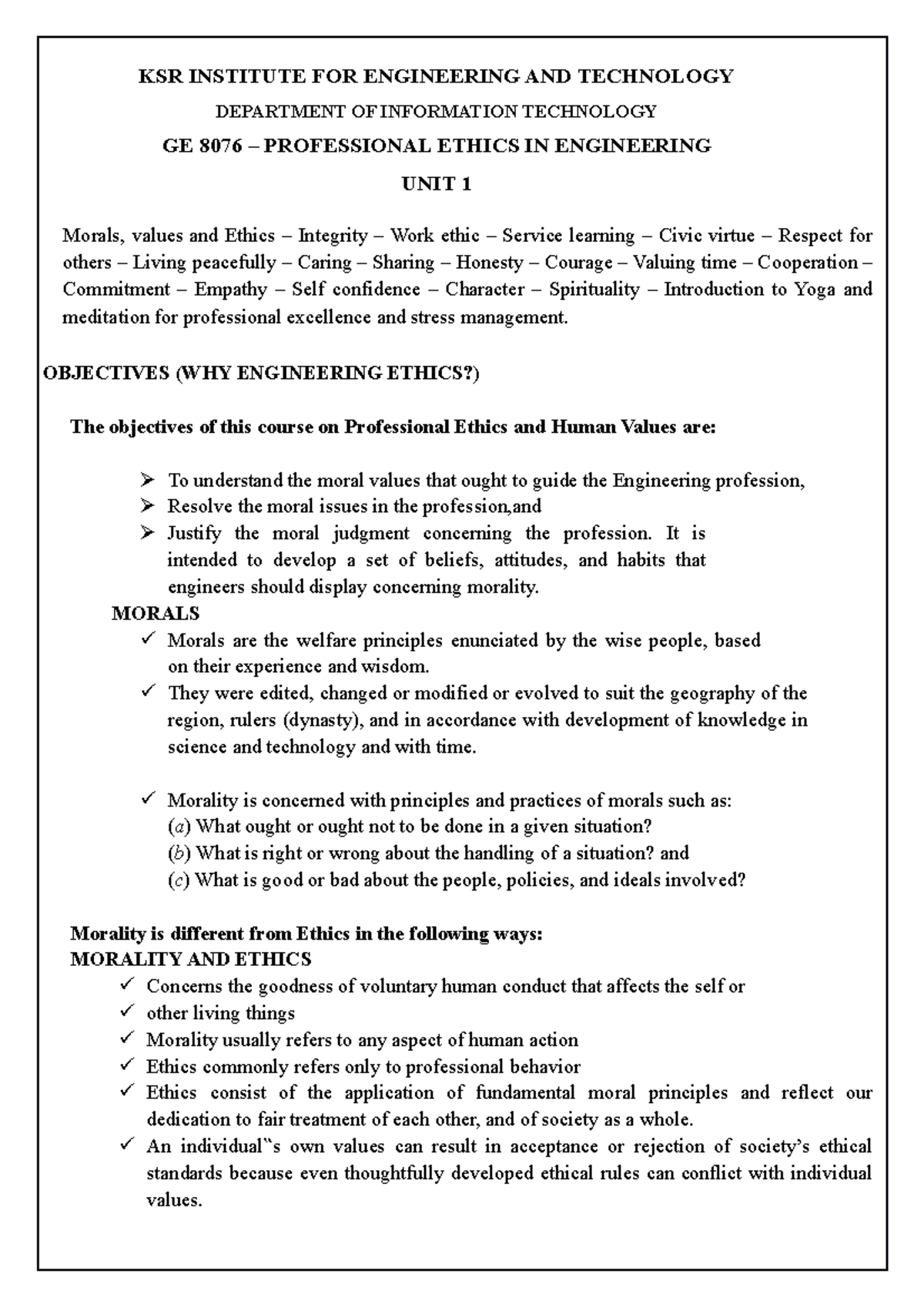 UNIT I - GE8076 - book notes for unit one in professional ethics - KSR ...