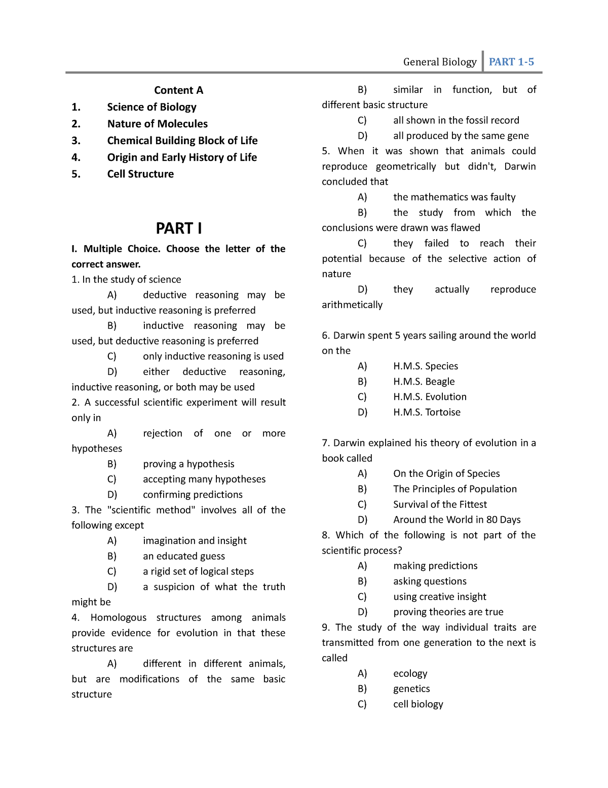 General Biology Questions Part 1 5 - Content A 1. Science Of Biology 2 ...