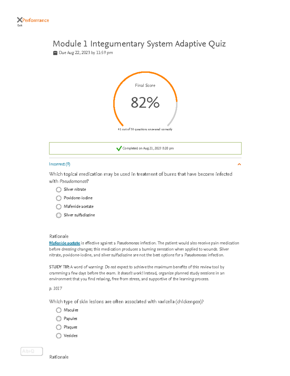 Adaptive Quizzing 1 Oncology Exit Performance Module 1 Integumentary System Adaptive Quiz