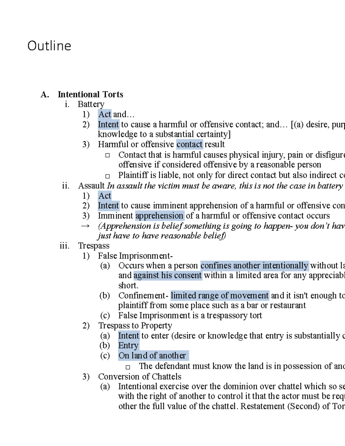 Outline - Introduction - Intentional Torts Battery 1) Act and& Intent ...
