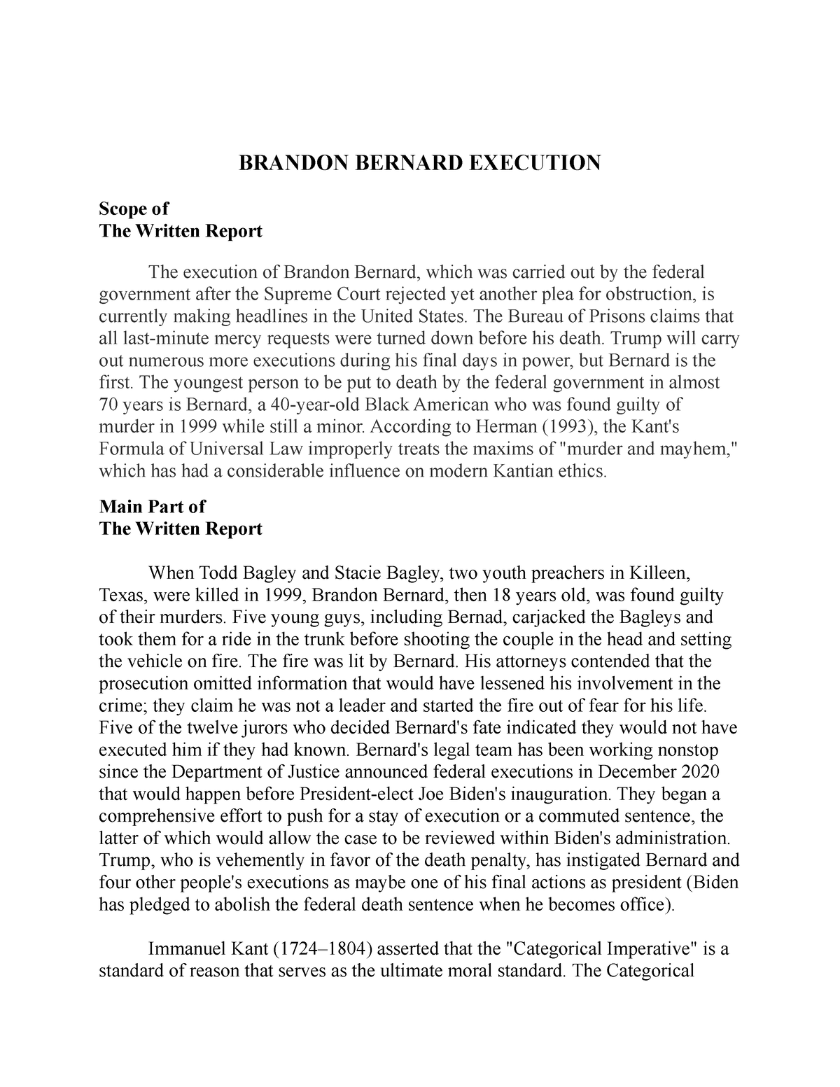 Brandon Bernard Execution - Written Report - BRANDON BERNARD EXECUTION