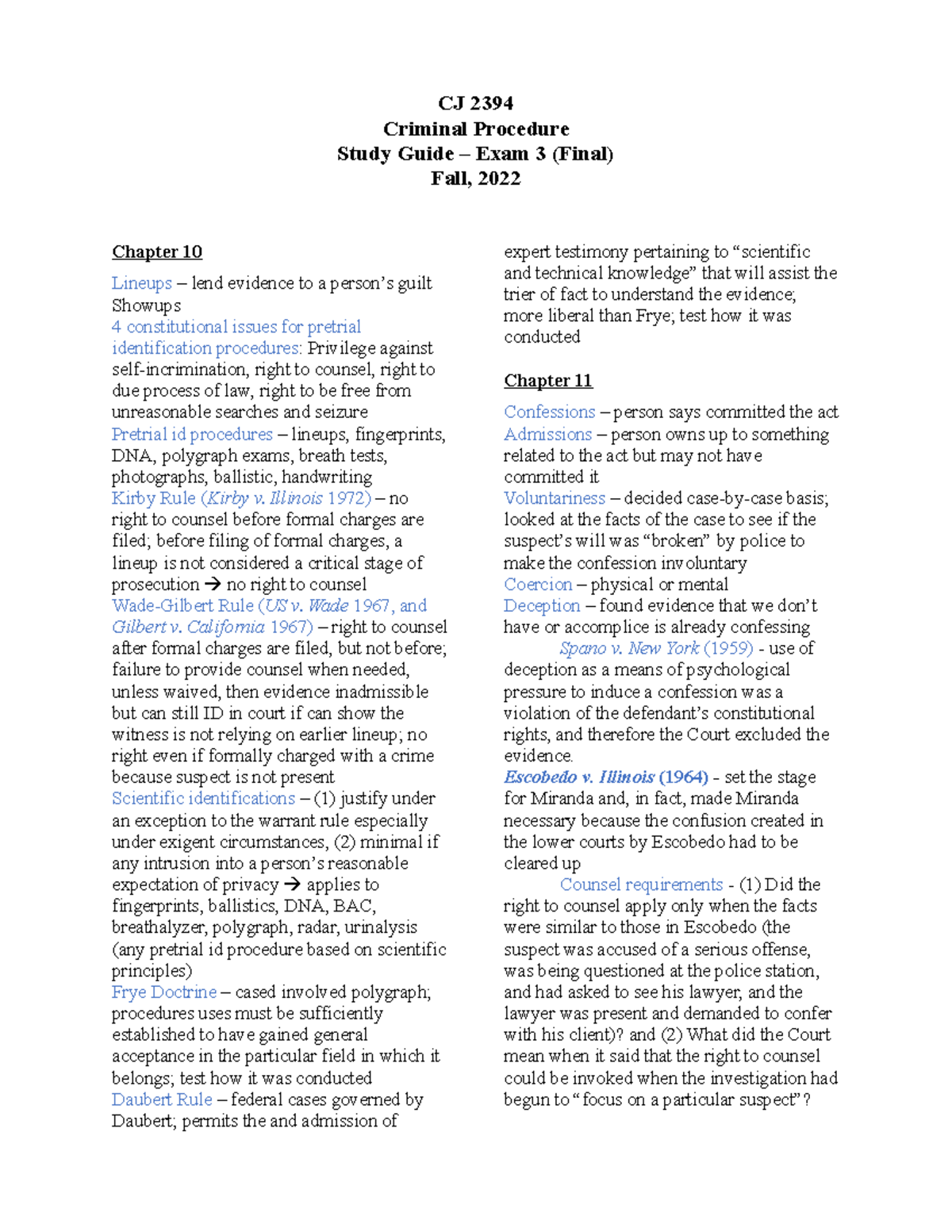 Study Guide - Exam 3 (Final) - CJ 2394 Criminal Procedure Study Guide ...