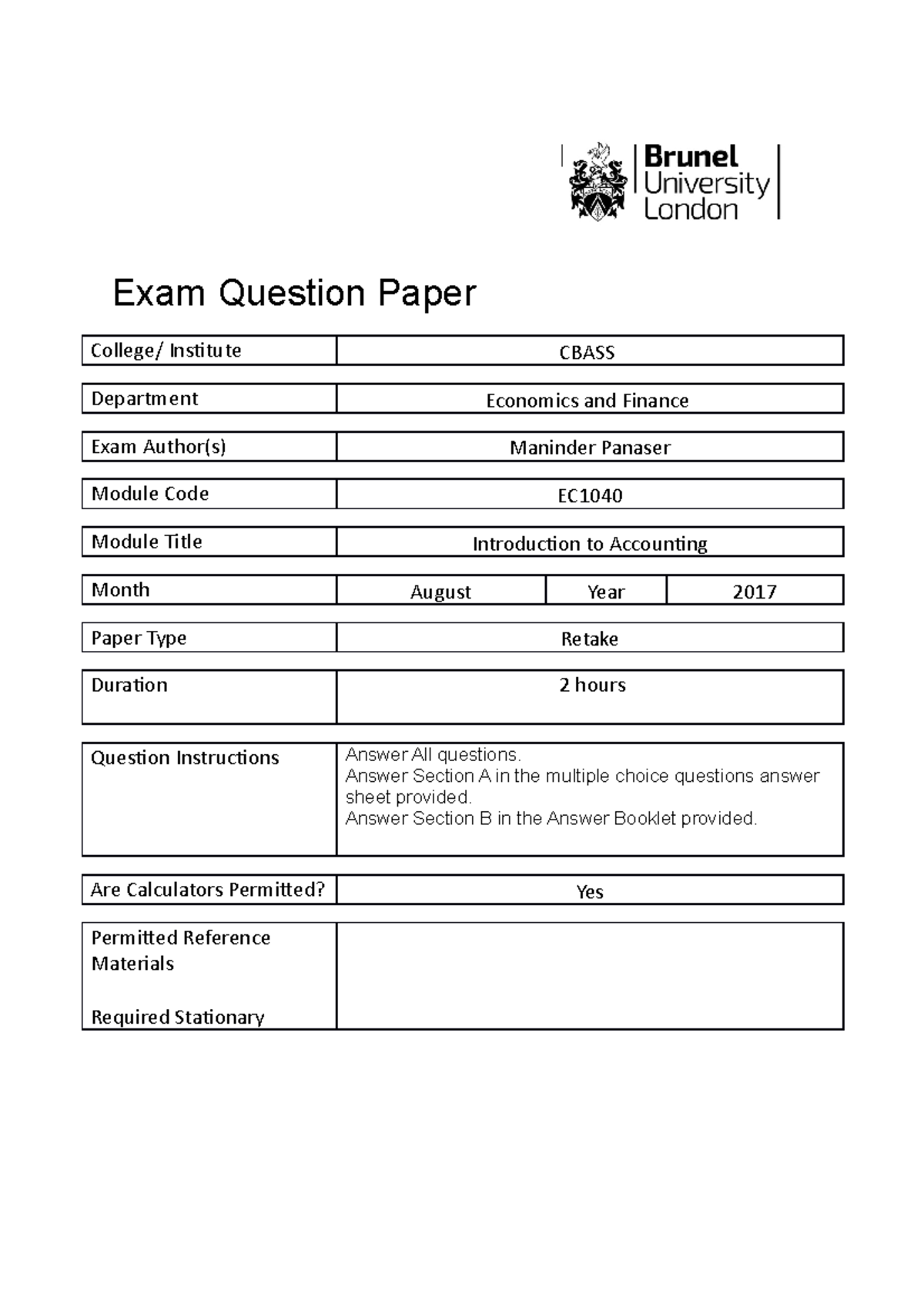 EC1040 Exam Retake Paper August 2017 questions - Exam Question Paper ...