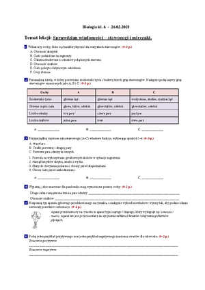 Sprawdzian Biologia Klasa 6 Skóra Powłoka Organizmu www.studocu.com