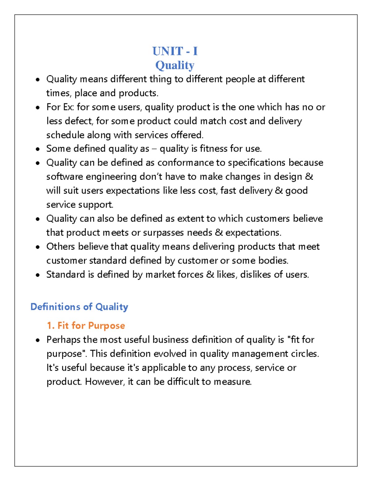Software Quality assurance unit 1 notes full UNIT I Quality