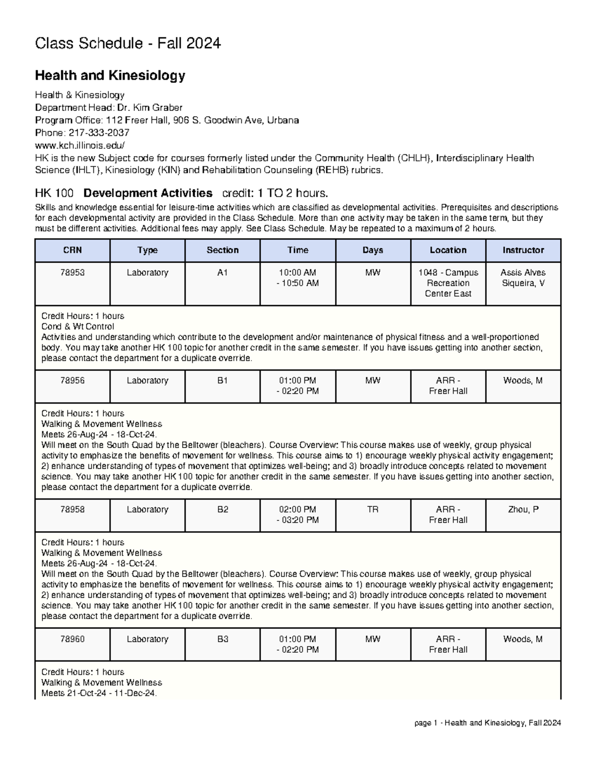Health Kinesiology Fall 2024 - Class Schedule - Fall 2024 Health and ...