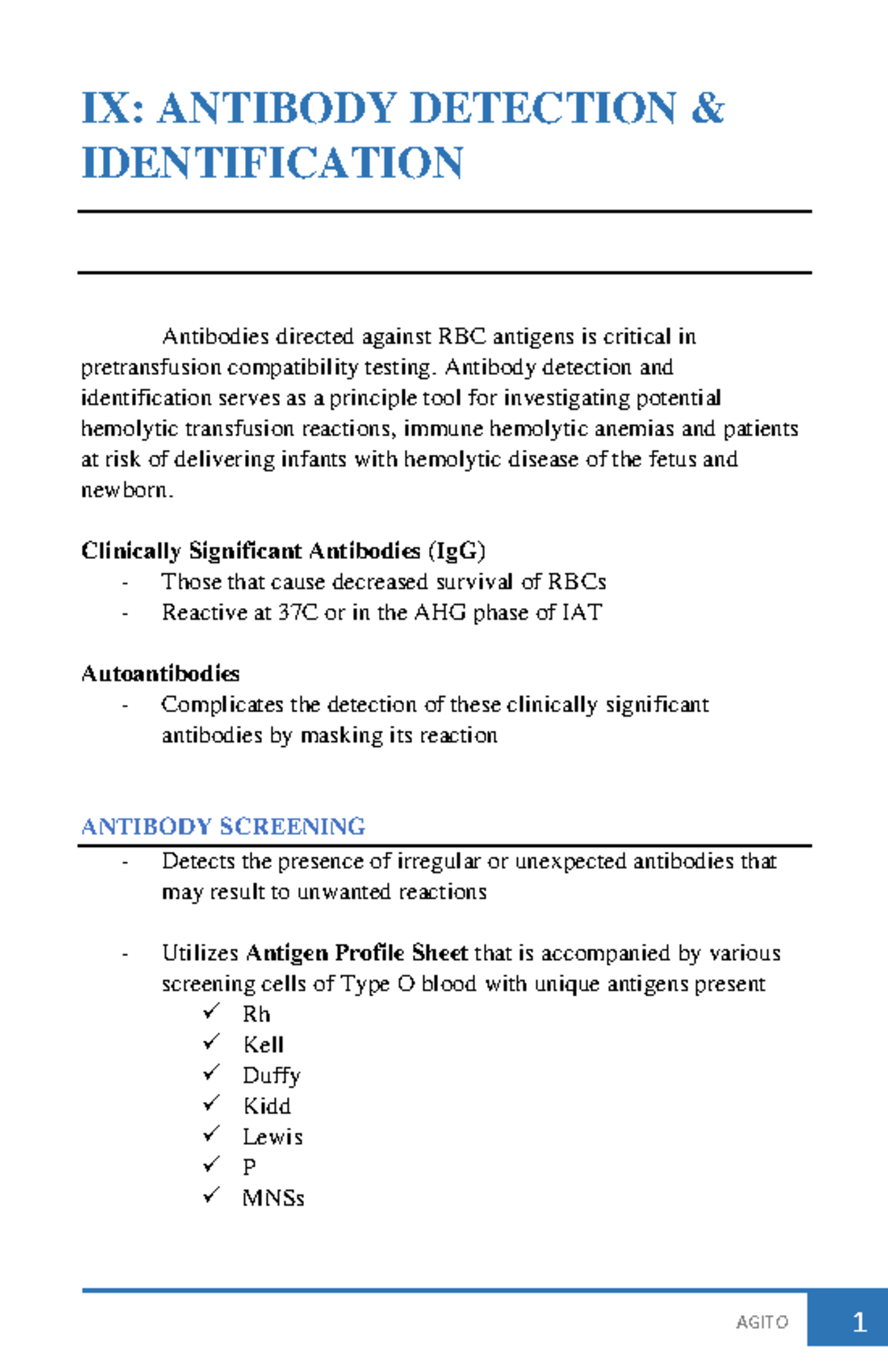 9 Antibody summaries IX ANTIBODY DETECTION & IDENTIFICATION