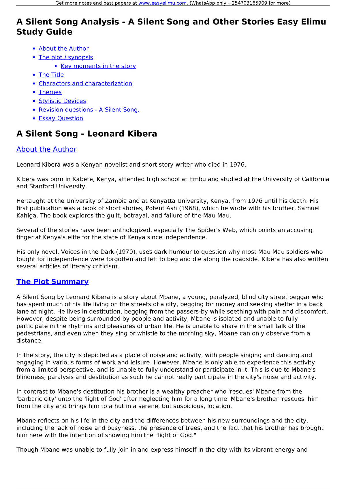 sample essay questions on a silent song and other stories