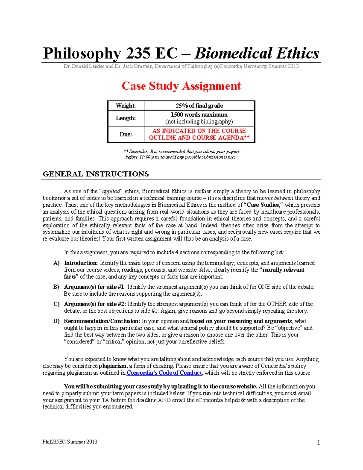 Case Study Assignment Instructions - Philosophy 235 EC – Biomedical ...