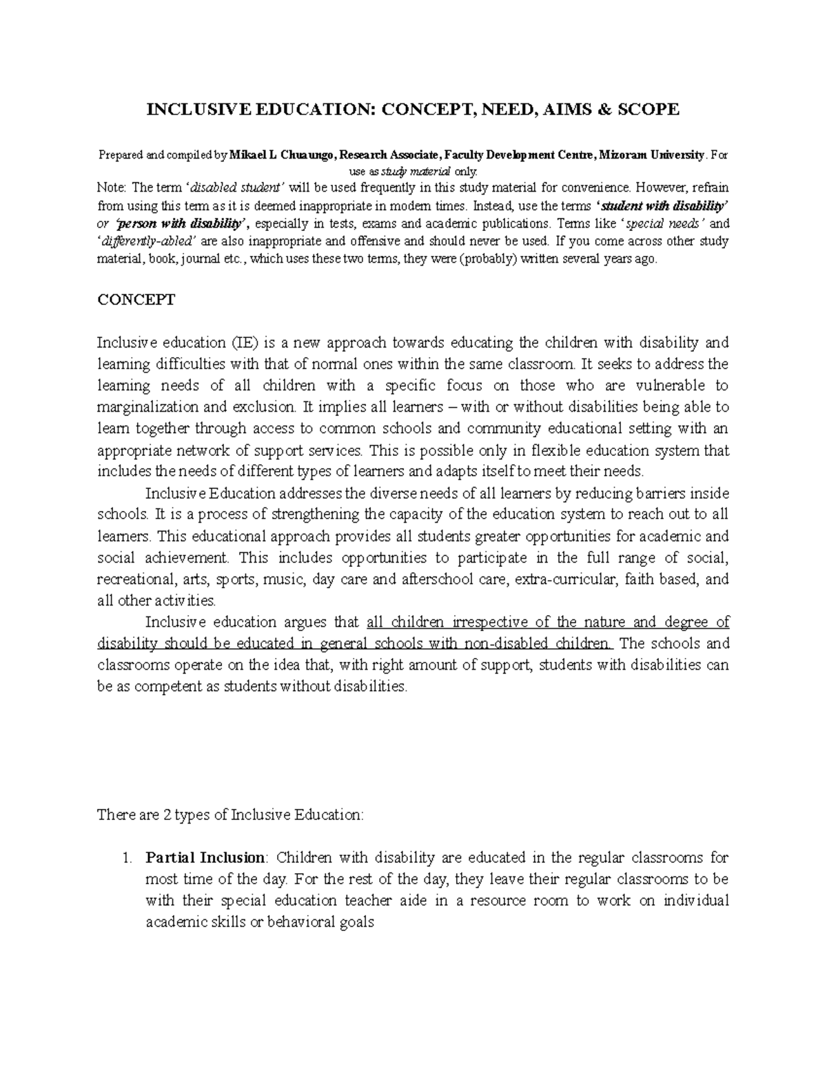Inclusive Education Concept Needs AIMS a - INCLUSIVE EDUCATION: CONCEPT ...