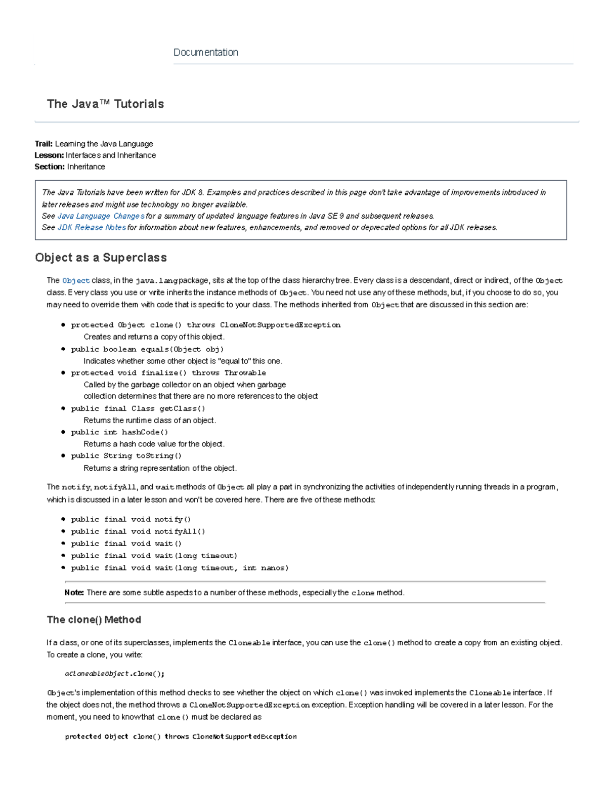 Java Object Class description given - Trail: Learning the Java Language ...