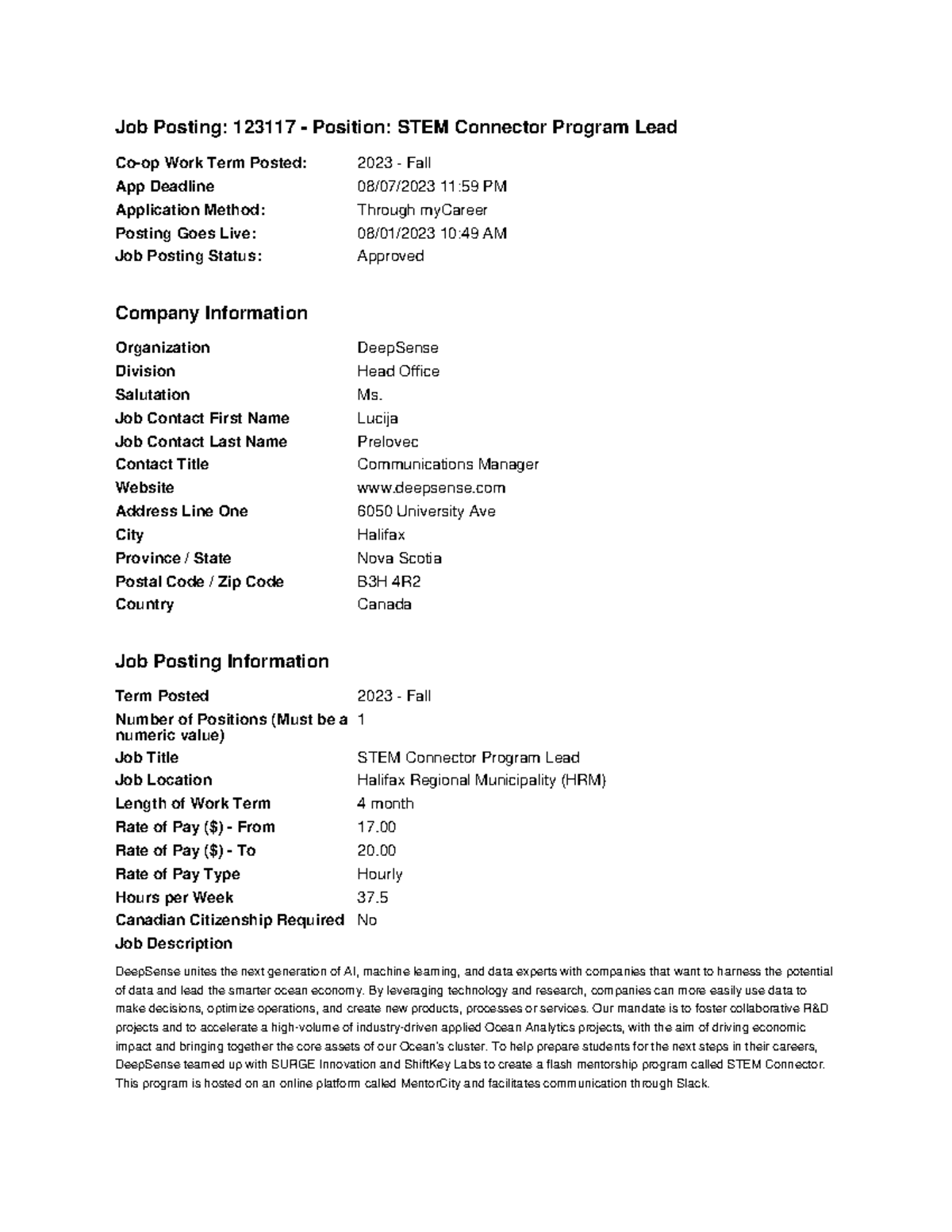 STEM Connector Program Lead123117 Job Posting 123117 Position