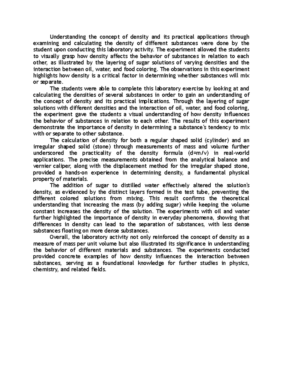 Doc1 - lab activity - Understanding the concept of density and its ...