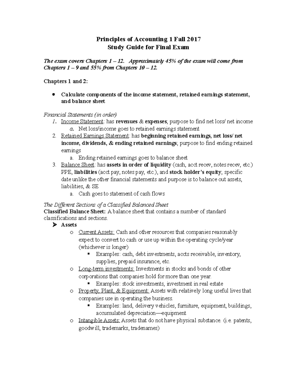 Study Guide Final Exam Fall 2017 - Principles of Accounting 1 Fall 2017 ...