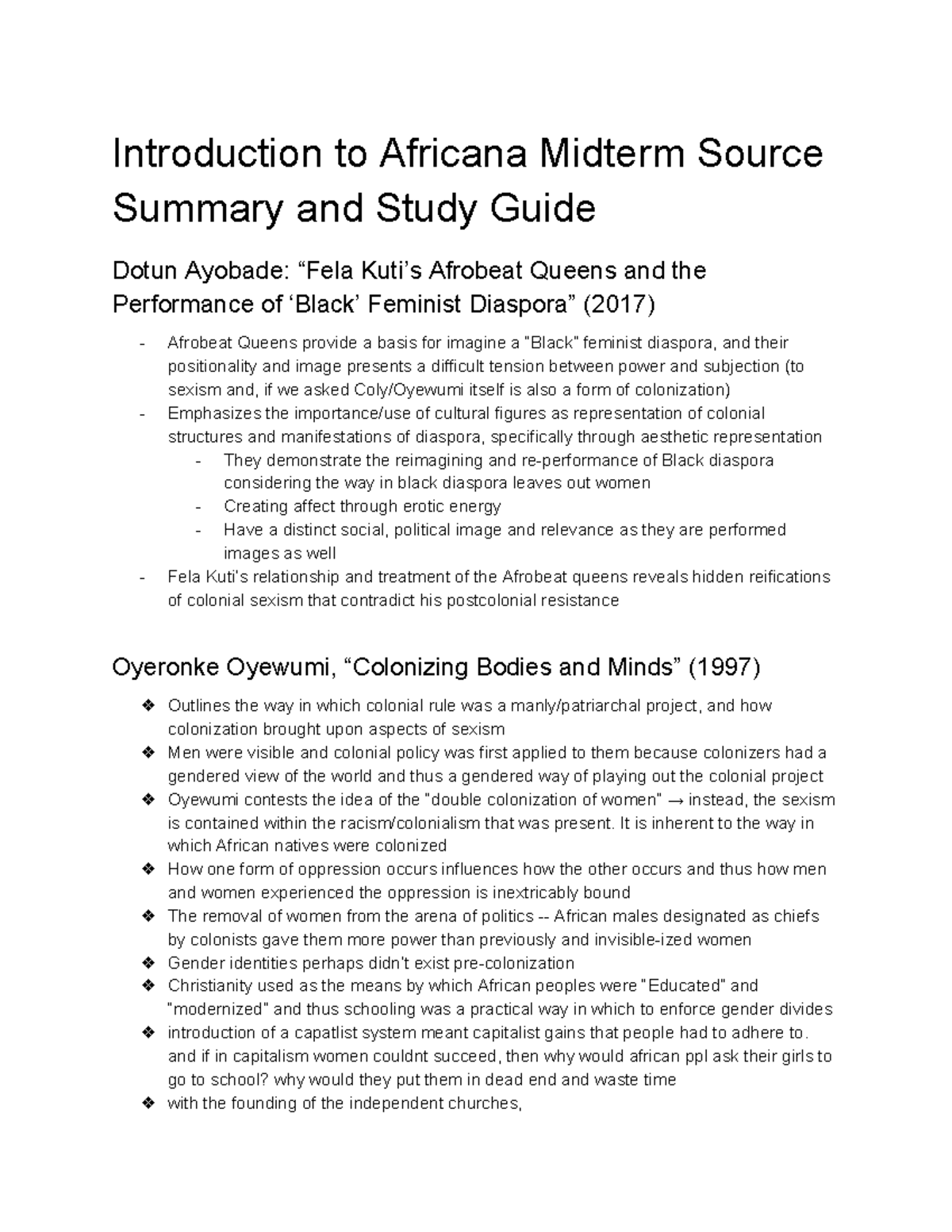 Introduction to Africana Midterm Source Summaries and Study Guide ...