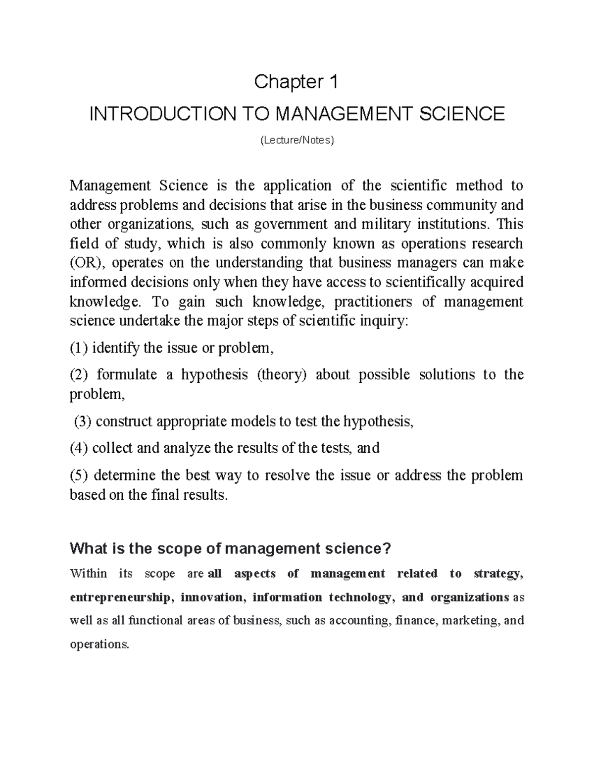 Ch a pter 1 Introduction to M a n a gement Science - Chapter 1 ...