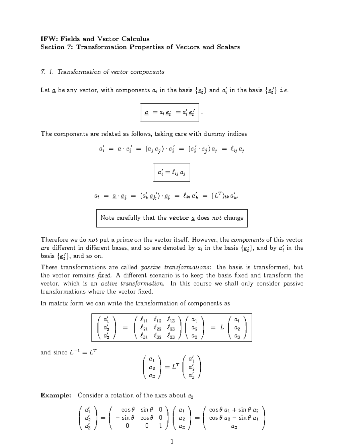 Lecture 7: Transformation of Vectors and Scalars - IFW: Fields and ...