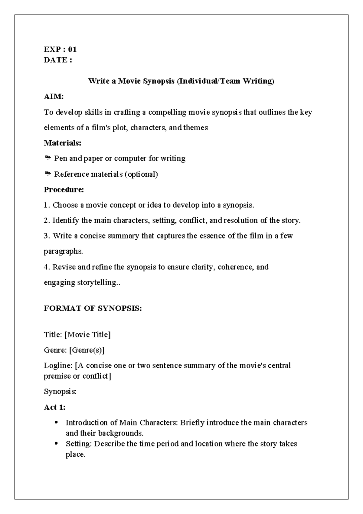 VCE record final sample - EXP : 01 DATE : Write a Movie Synopsis ...