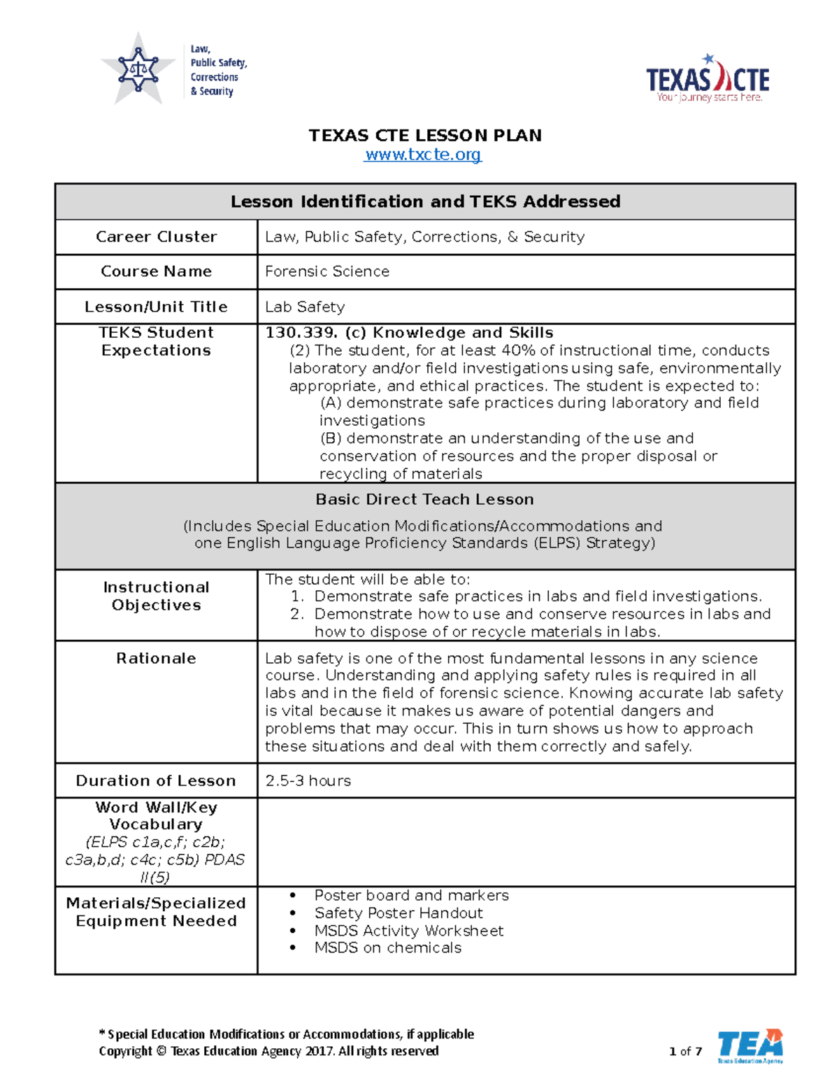Lesson Plan Lab Safety 0 TEXAS CTE LESSON PLAN Txcte Lesson