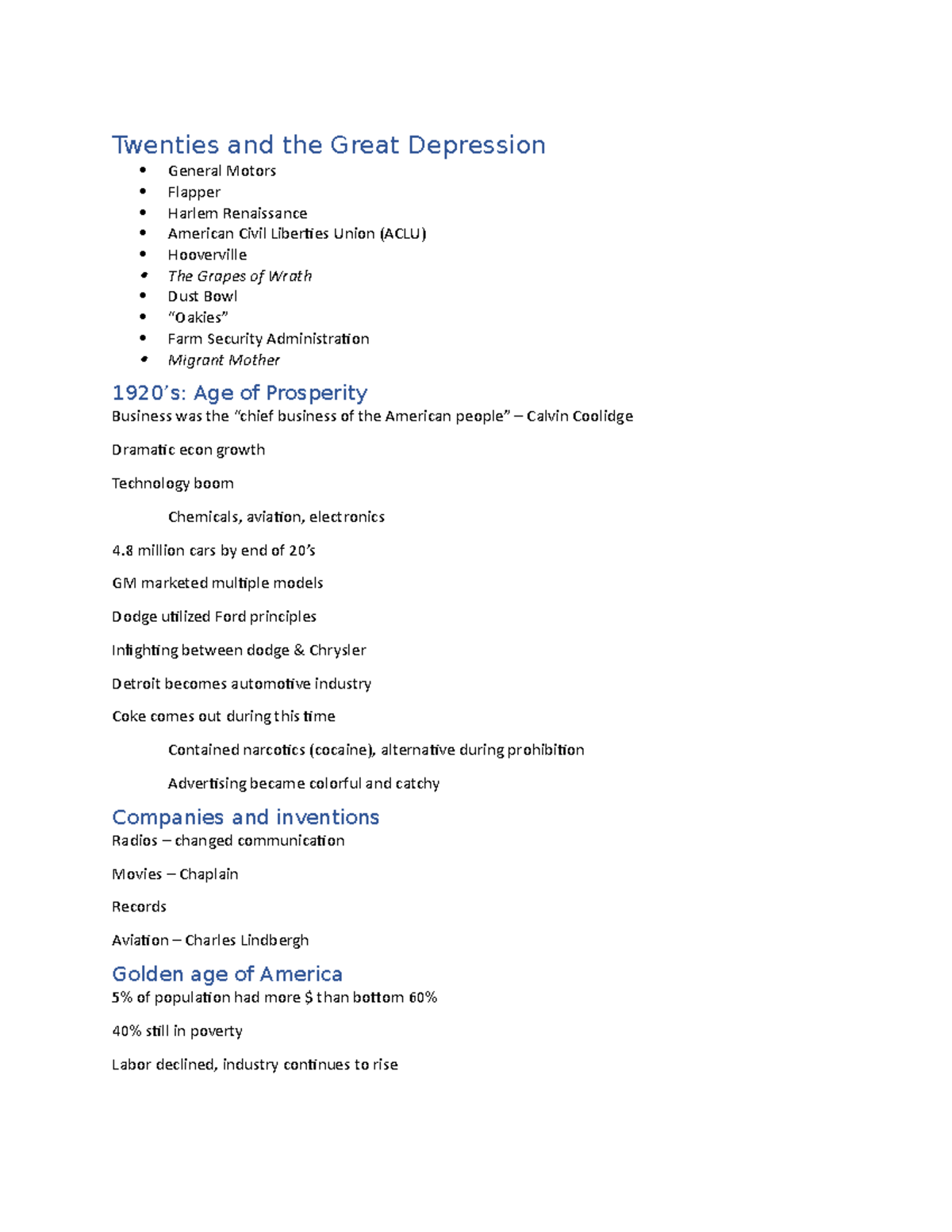 The Great Depression - Lecture notes 7 - Twenties and the Great ...