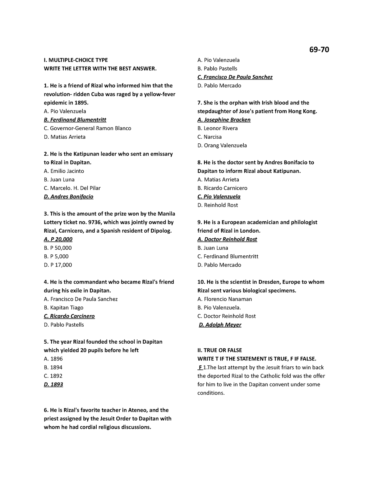 Rizal-EVAL - Rizal eval - I. MULTIPLE-CHOICE TYPE WRITE THE LETTER WITH ...