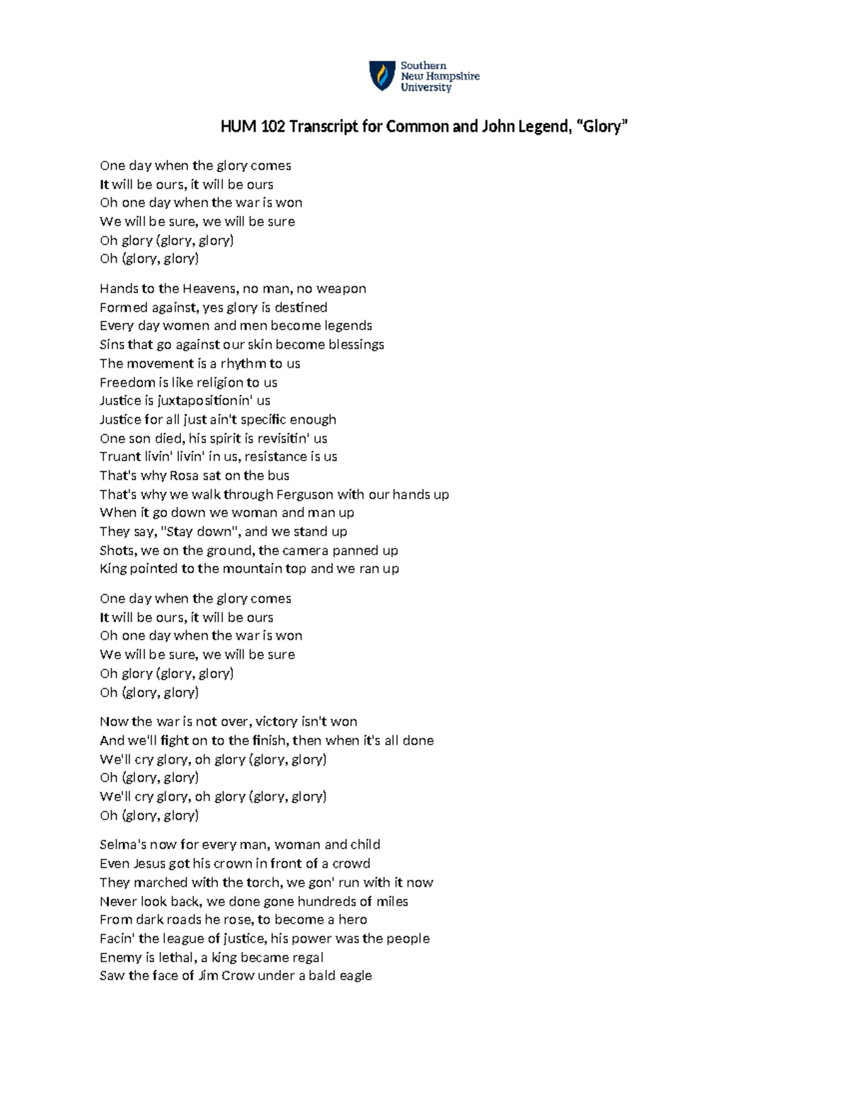 HUM 102 Transcript for Common and John Legend, Glory - Studocu