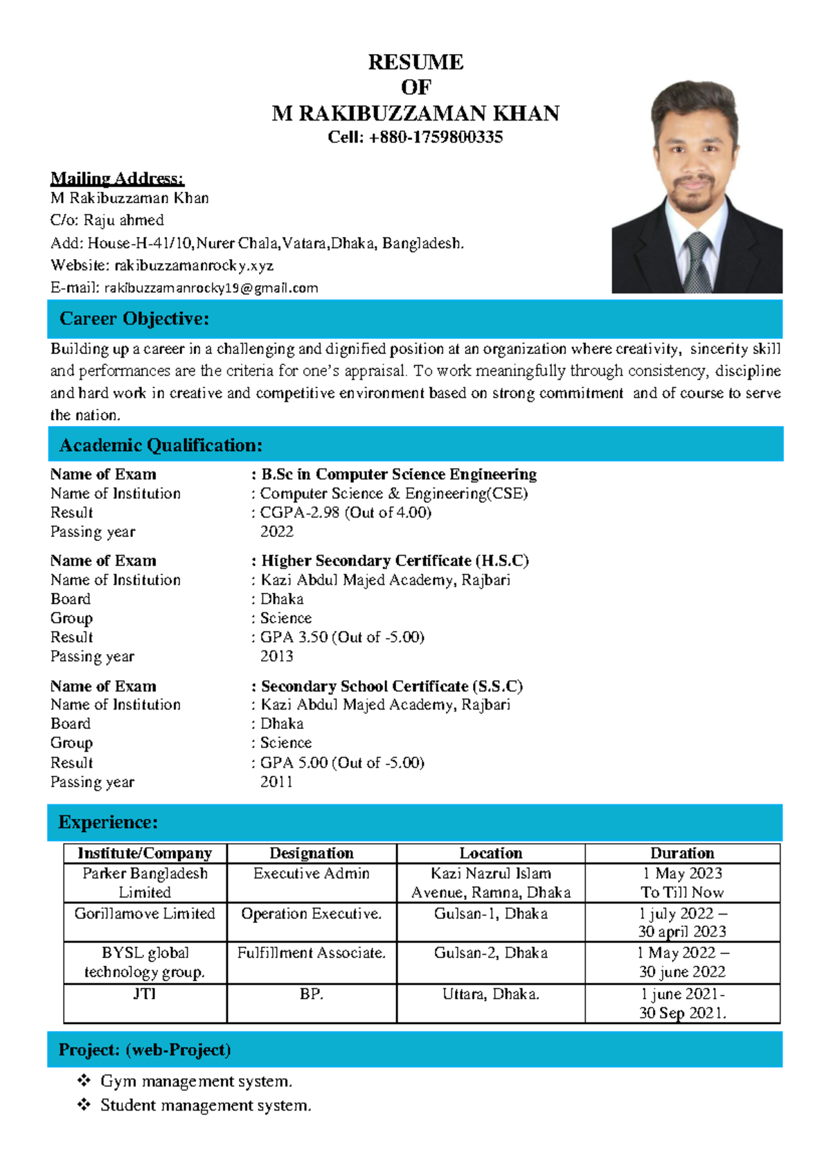 Resume Of M Rakibuzzaman Khan - RESUME OF M RAKIBUZZAMAN KHAN Cell ...