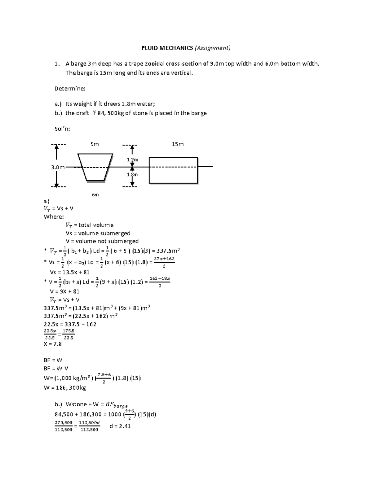 Sample Problems in Bouyancy - FLUID MECHANICS (Assignment) 1. A barge ...