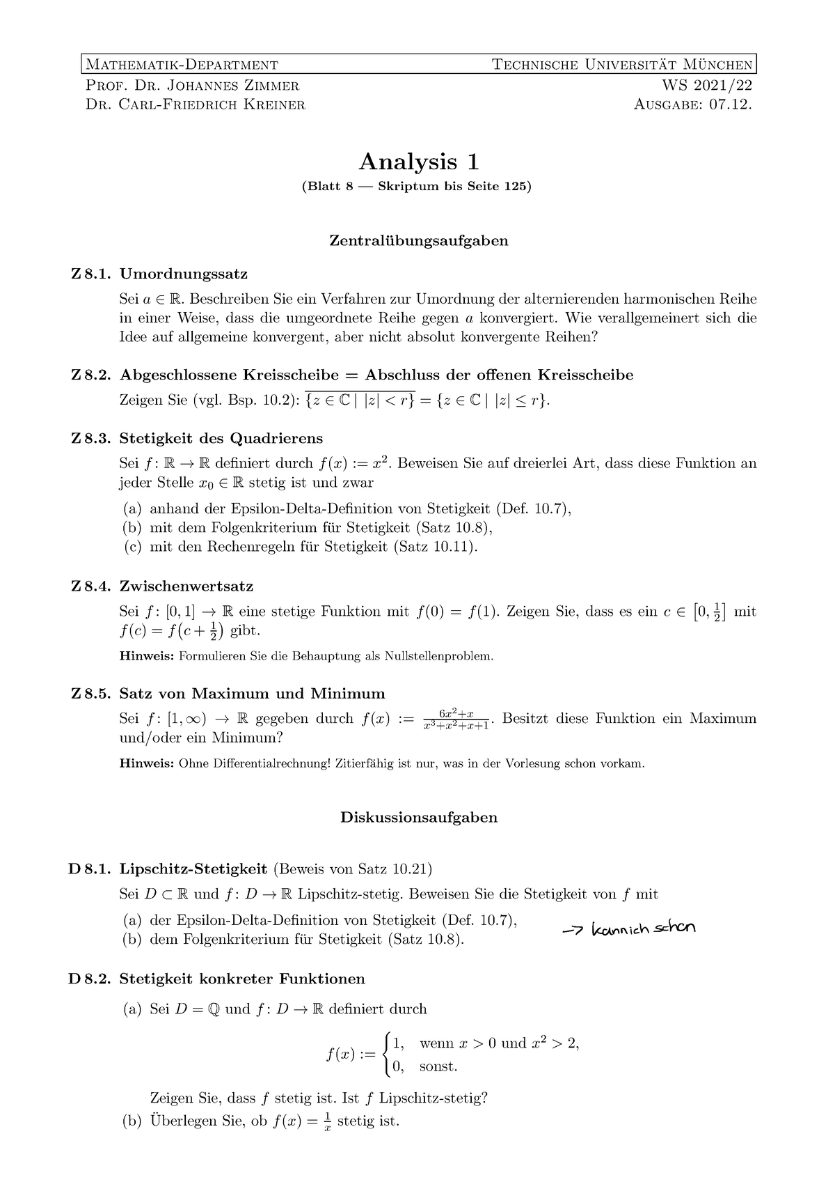 Analysis Blatt 8 - Mathematik-Department Technische Universit ̈at M ...