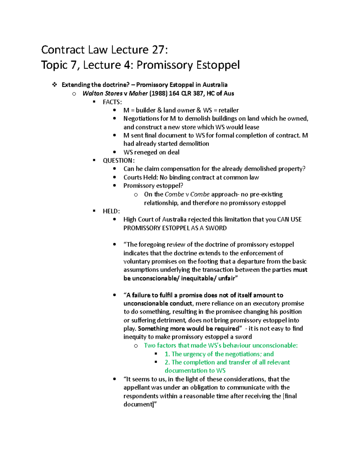 27 - promissory estoppel - Contract Law Lecture 27: Topic 7, Lecture 4 ...