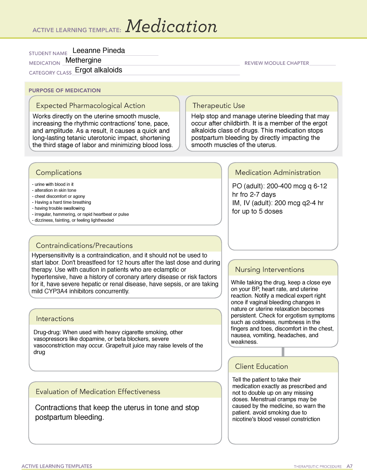 Methergine ATI LEARNING TEMPLATE ACTIVE LEARNING TEMPLATES