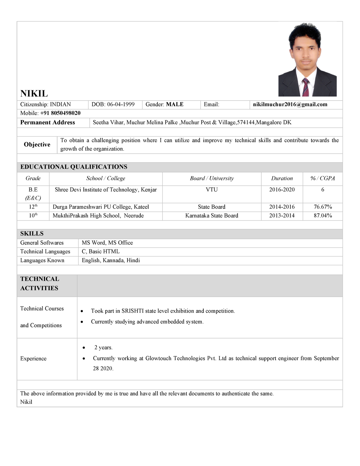 Nikil Resume updated - NIKIL Citizenship: INDIAN DOB: 06-04-1999 Gender ...