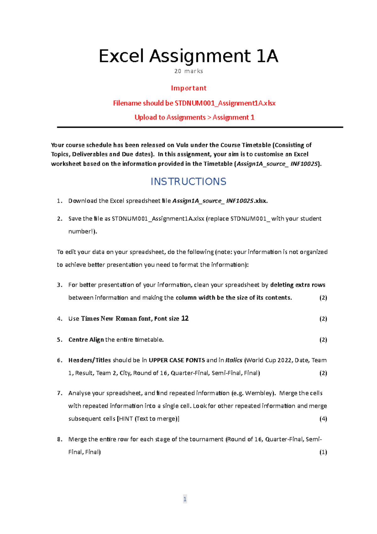 Excel Assignment 1A - Infos practical class activity - Excel Assignment ...