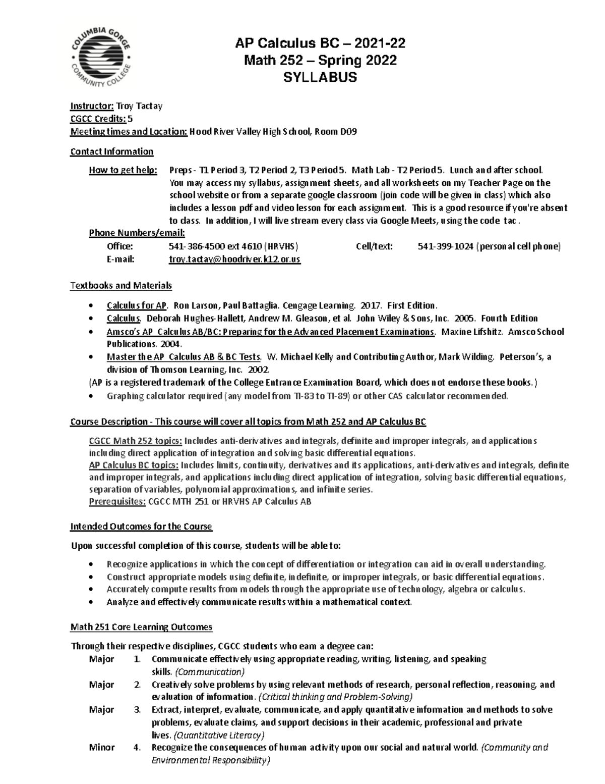 00 AP Calc BC Math 252 Syllabus AP Calculus BC 2021 Math 252