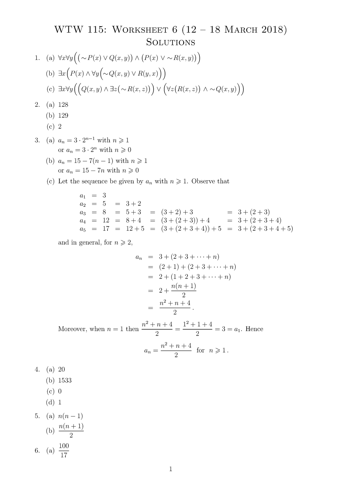 WTW 115 Worksheet 6 2018 Solutions - WTW 115 - UP - Studocu