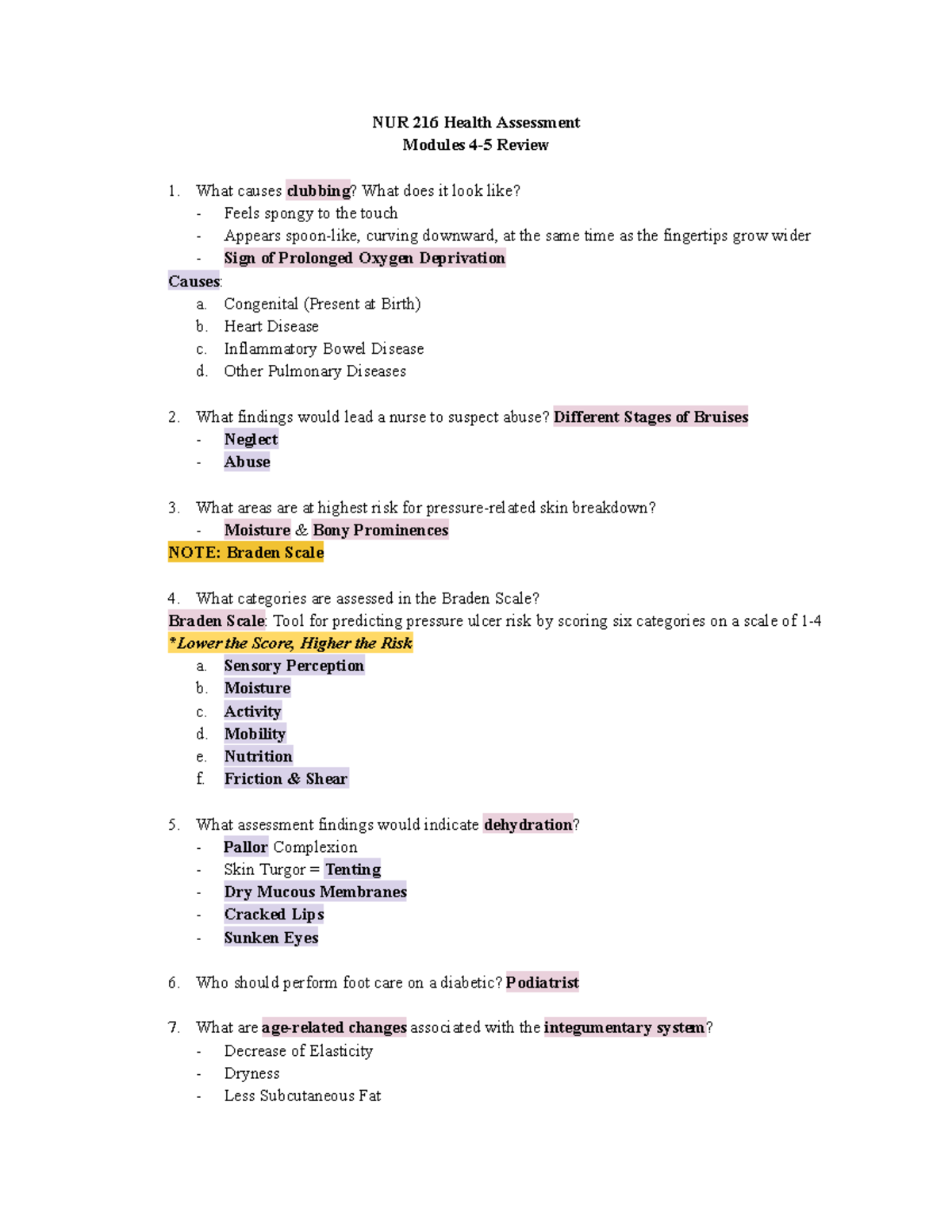 NUR 216 Module 4-5 Study Guide - Google Docs - NUR 216 Health ...