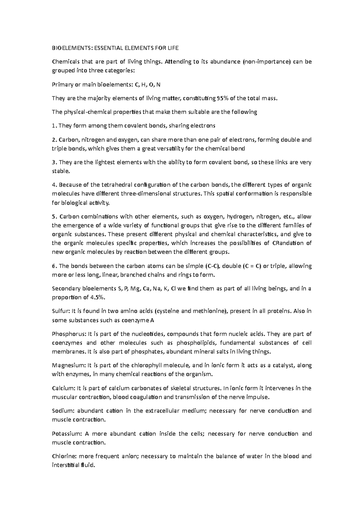 Bioelements - Lecture notes 1 - BIOELEMENTS: ESSENTIAL ELEMENTS FOR ...