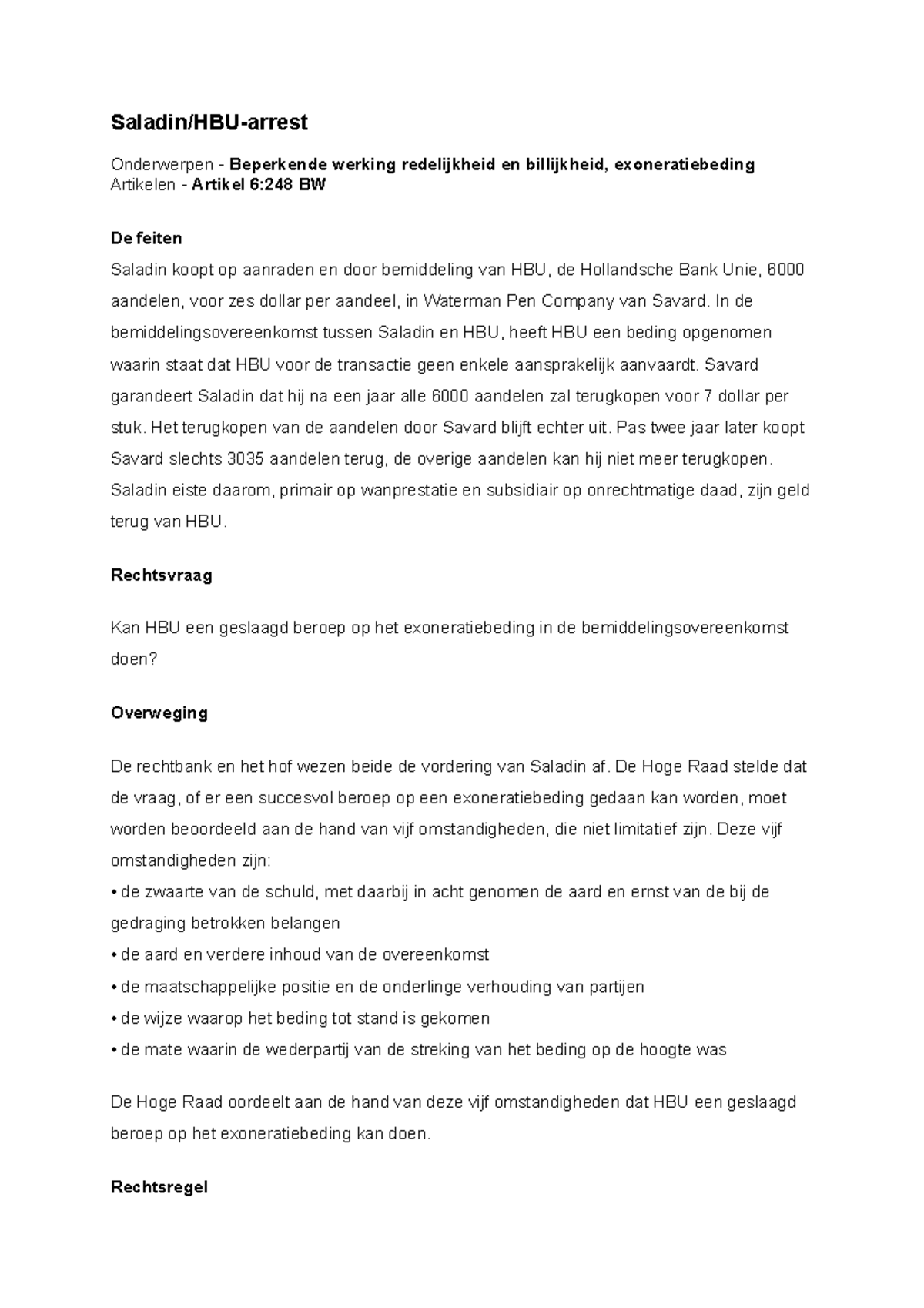 Samenvatting Arresten - Saladin/HBU-arrest Onderwerpen ‐ Beperkende ...