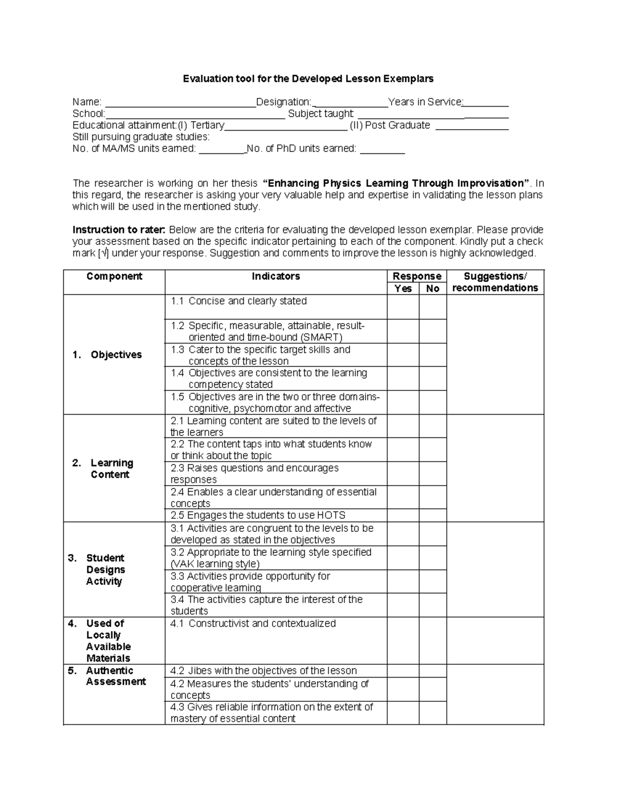 Evaluation tool for the Developed Lesson Exemplars - of MA/MS units ...