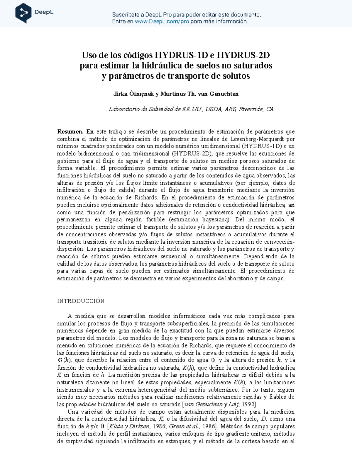 Uso del Hydrus-1D y el Hydrus-2D - Uso de los códigos HYDRUS-1D e ...