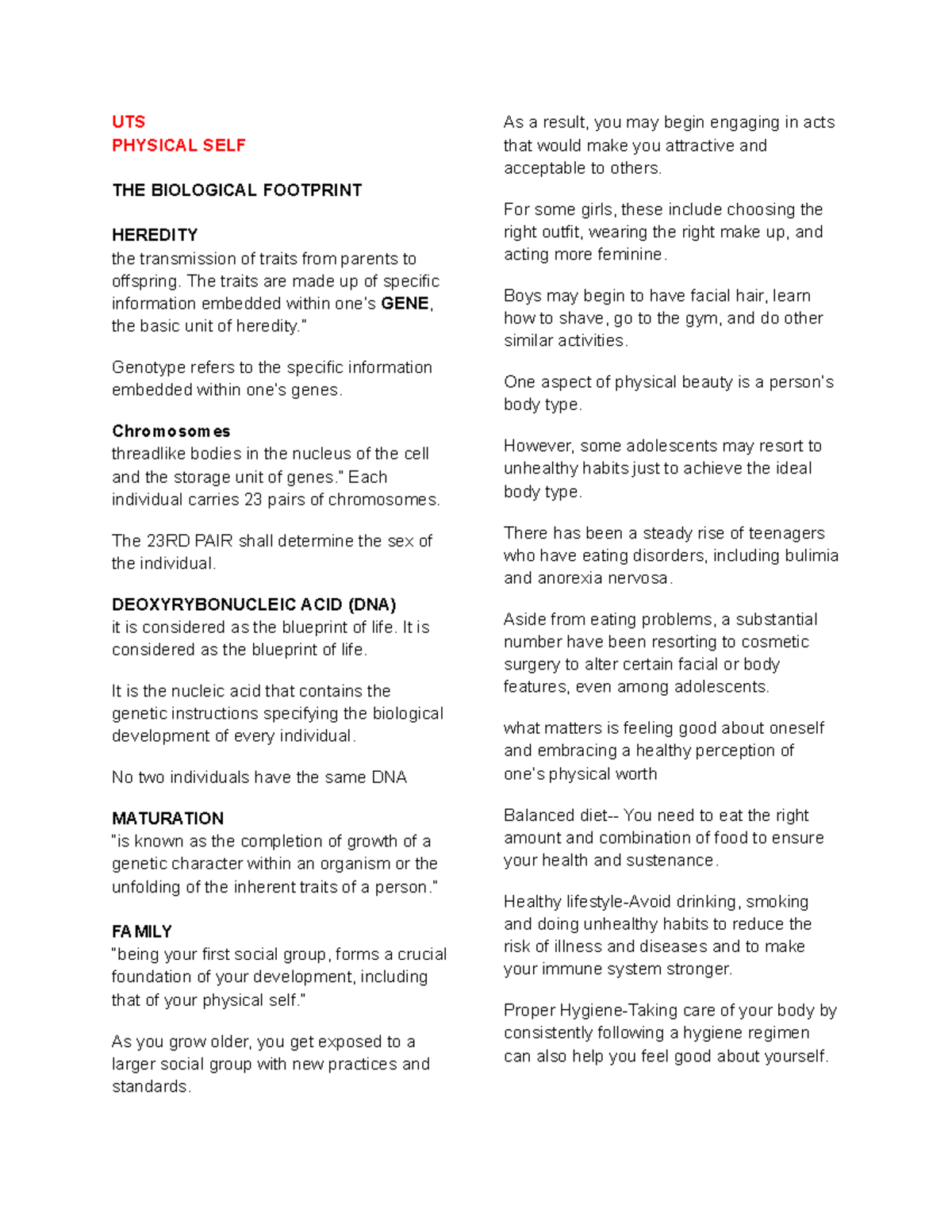 UTS-midterm - Understanding the self midterm notes - UTS PHYSICAL SELF ...