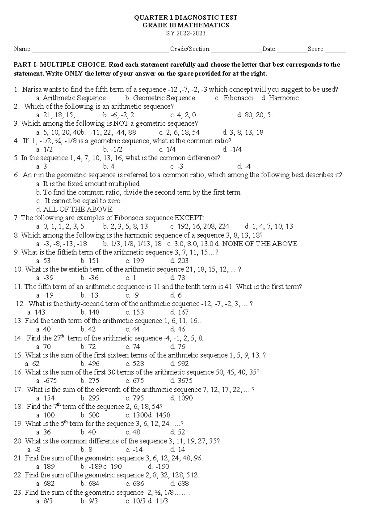 diagnostic test grade 10 math 2022