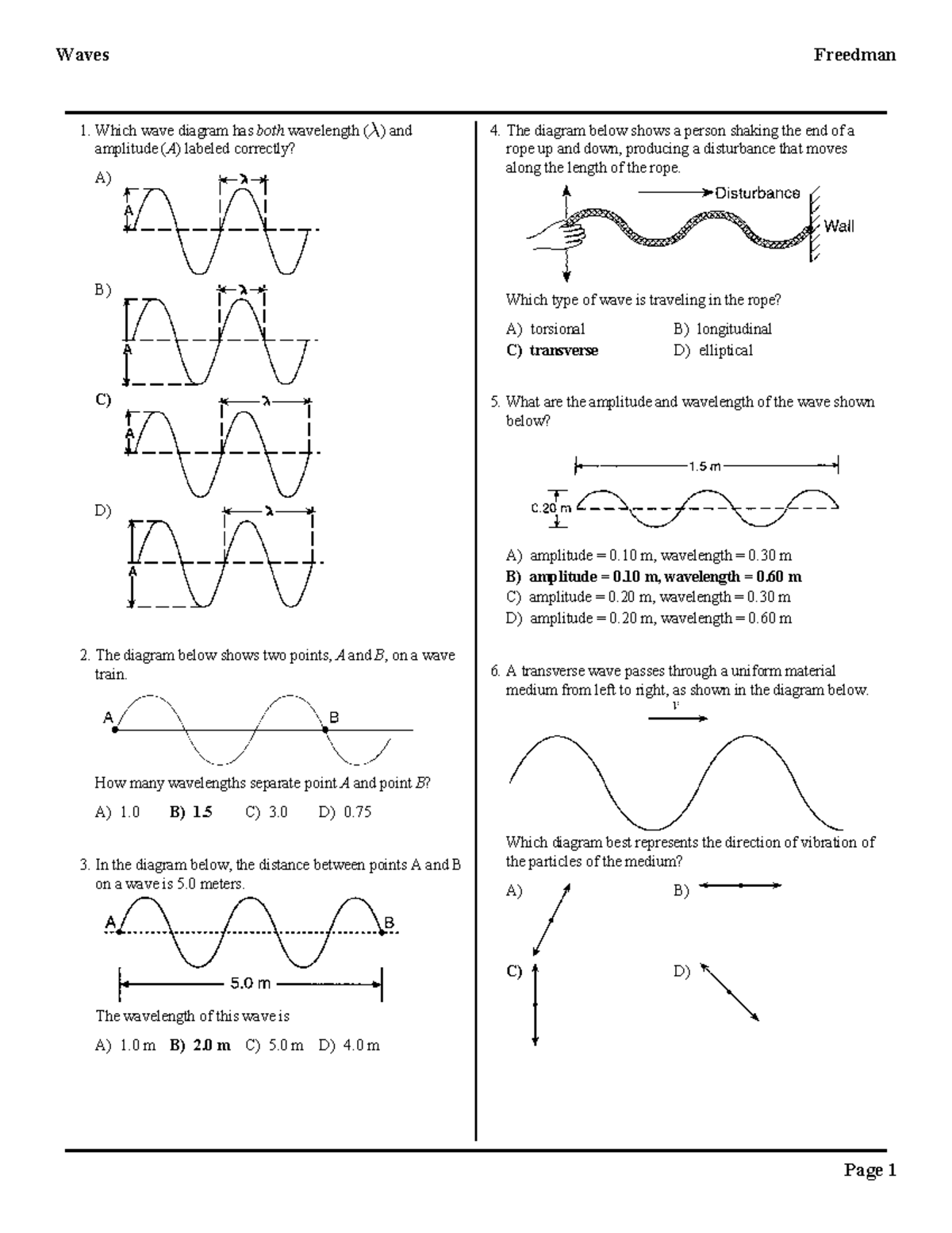 Ondas Waves Probs 99-05 Answer Key Copy - Waves Freedman A) B) C) D ...