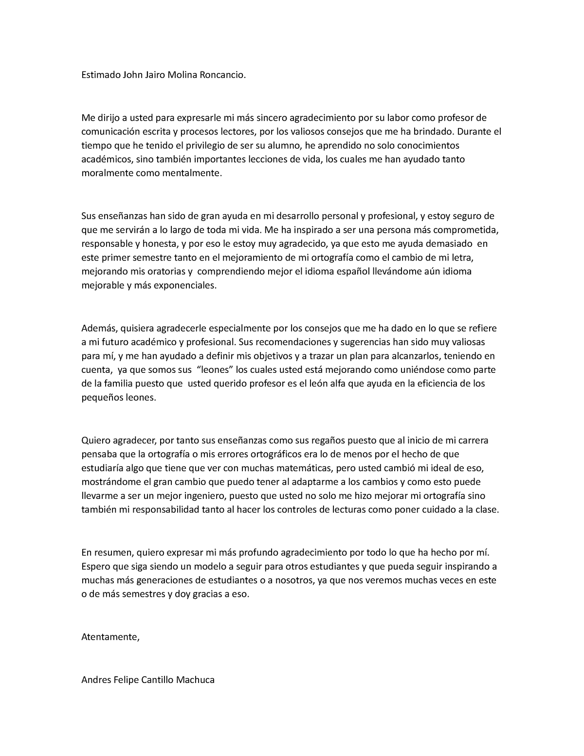 Carta Para El Profesor Trabajo De Lectura Estimado John Jairo Molina Roncancio Me Dirijo A 3972